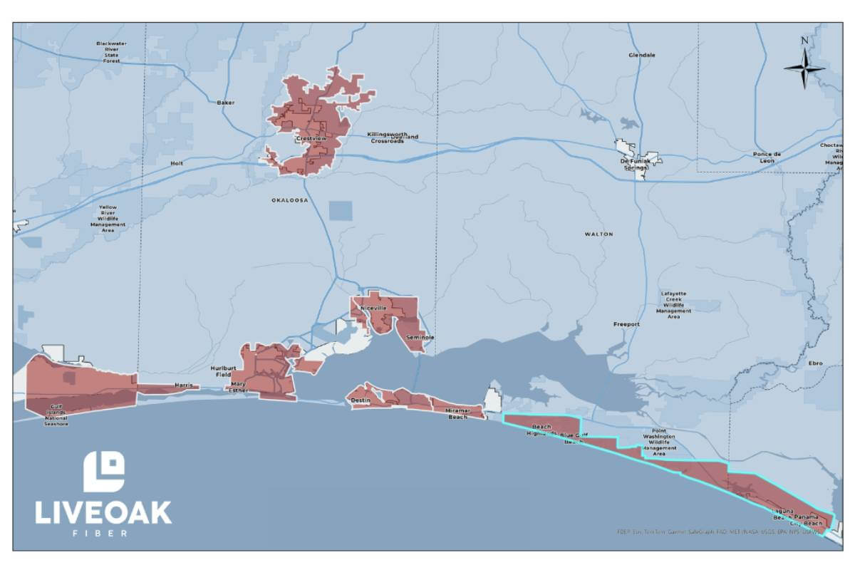 Map of LiveOak Fiber service areas in Florida.