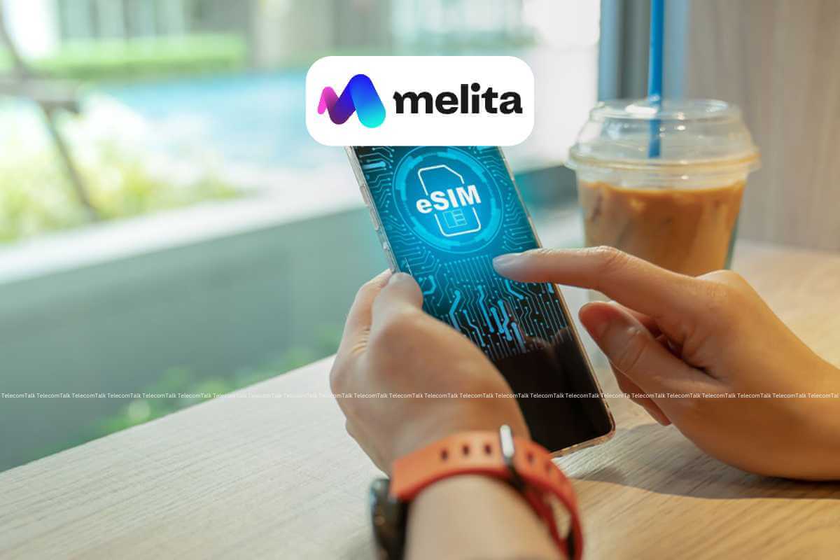 Person using smartphone with eSIM technology and Melita logo.