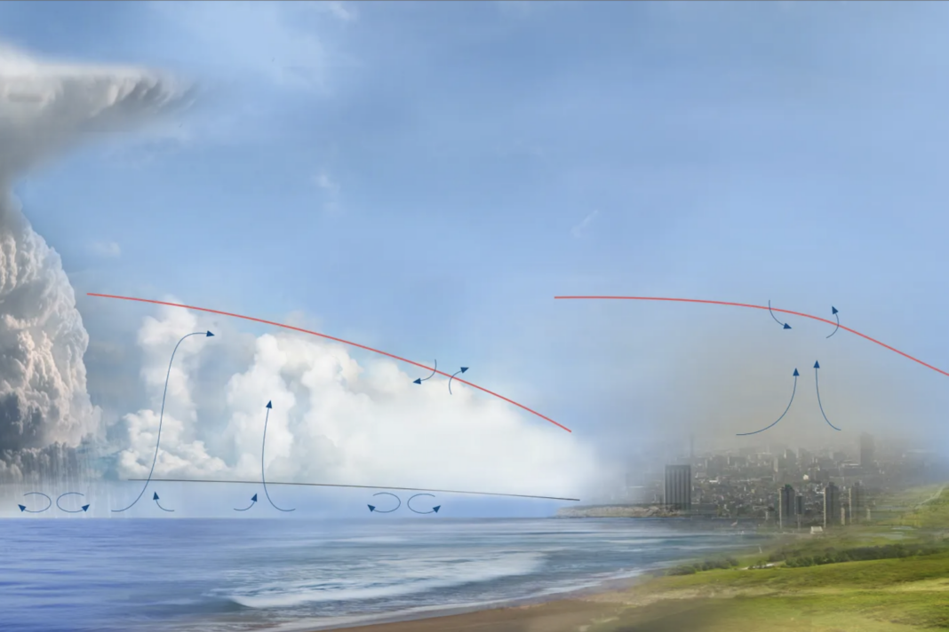 Tornado, cityscape, projectile motion physics illustration.