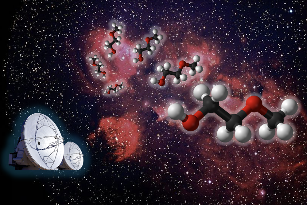 Space-themed illustration with molecules and radio telescope.
