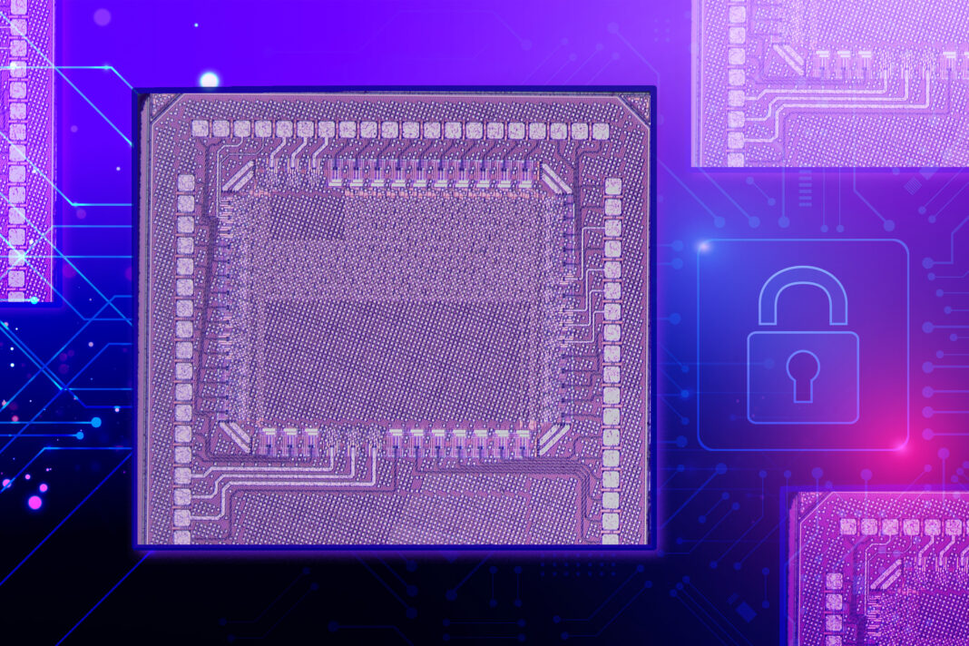 Close-up of a microprocessor on a circuit board.