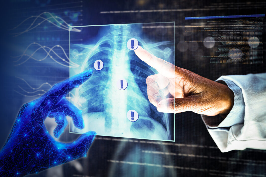 Doctor analyzing digital chest X-ray with futuristic interface.