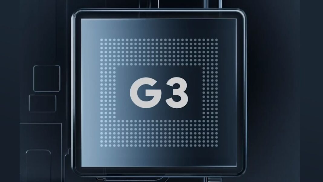 Microchip with "G3" imprint on dark background.