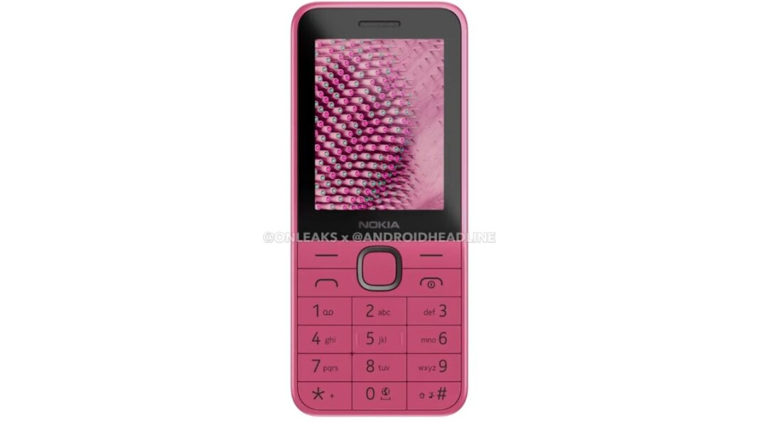 Pink Nokia feature phone with keypad.
