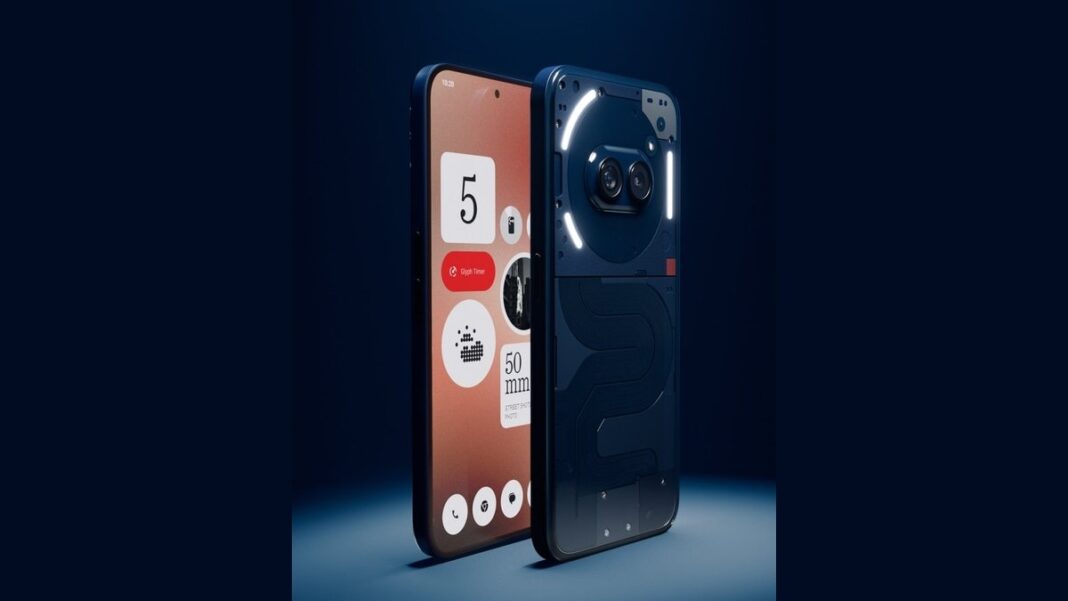 Smartphone with dual cameras on blue background.