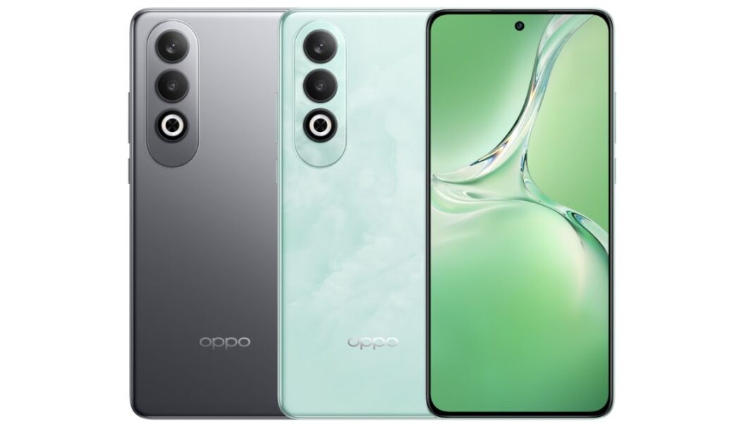 Two Oppo smartphones, black and green, front and rear view.
