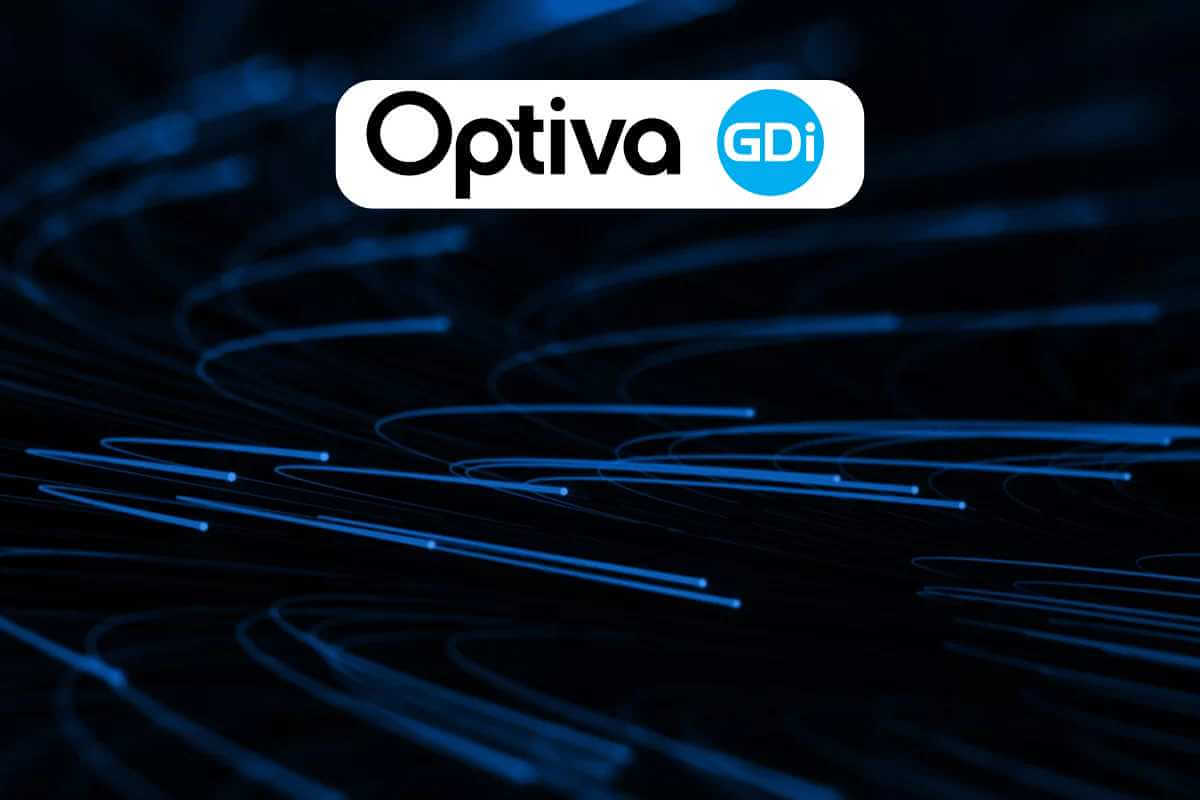 Optiva GDi logo on blue fiber optic background.