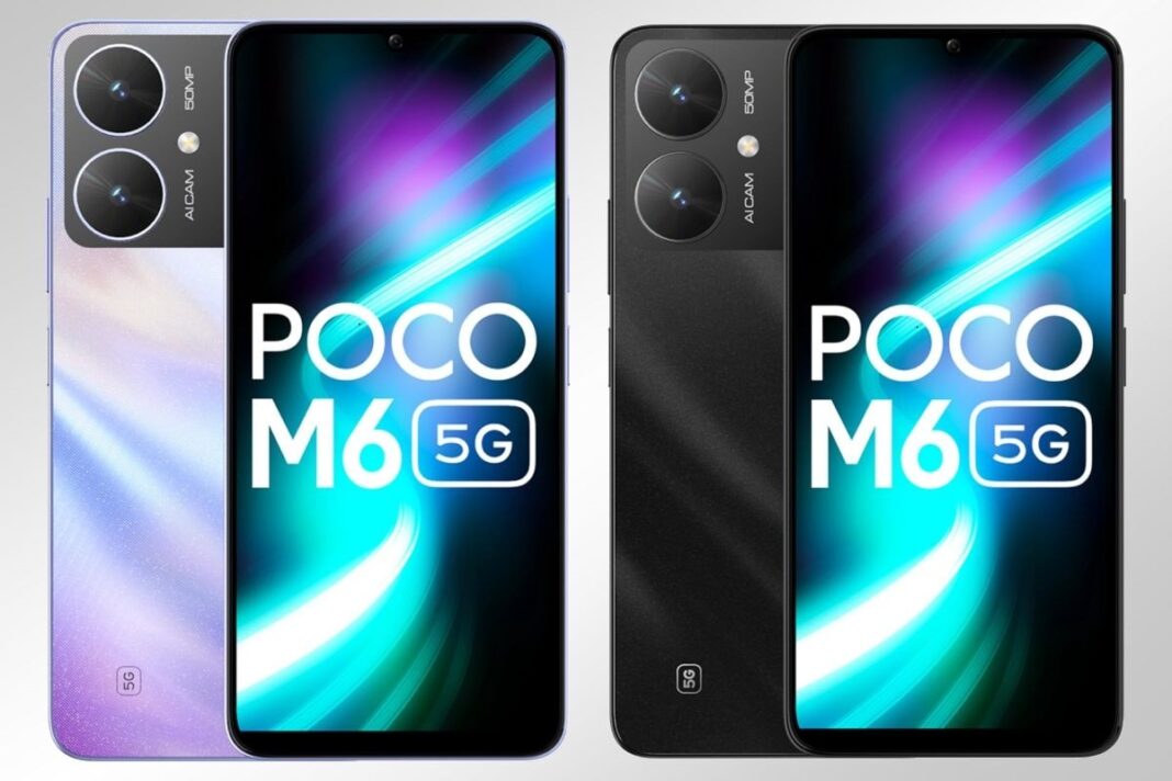 POCO M6 5G smartphones, front and back views.