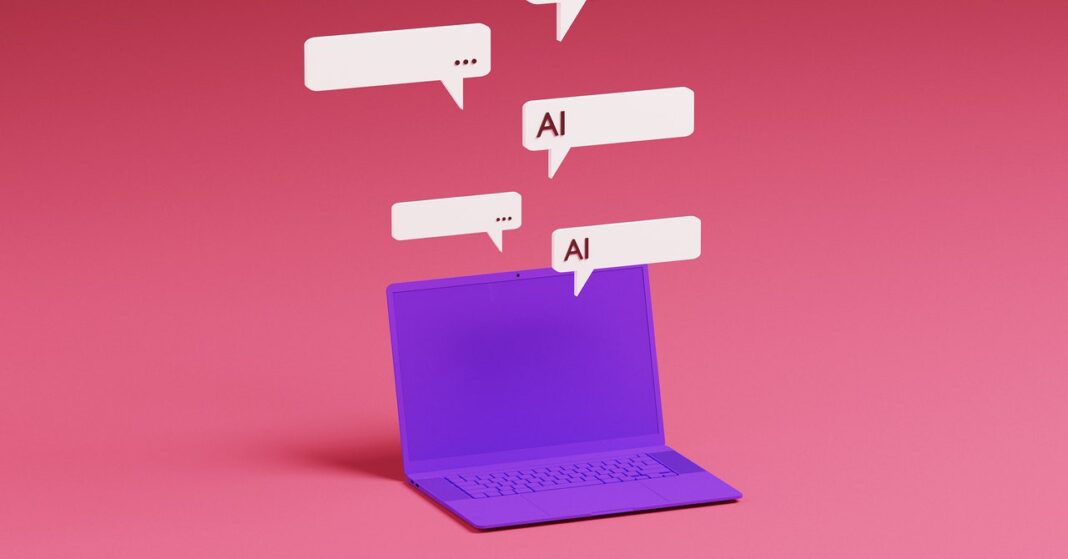 Laptop with AI chat bubbles on pink background.
