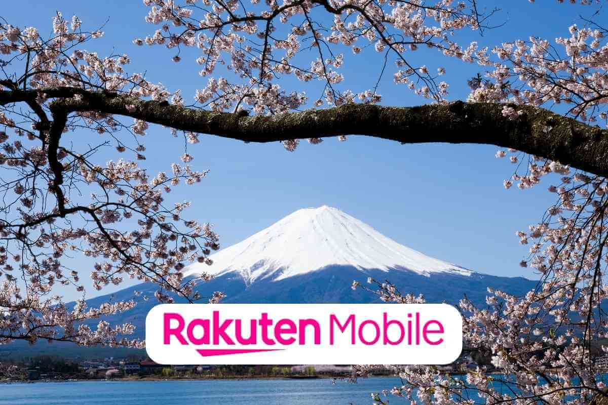 Mount Fuji with cherry blossoms and Rakuten Mobile logo.