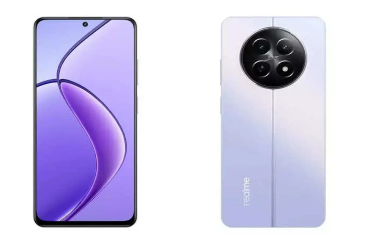 Front and back view of white Realme smartphone