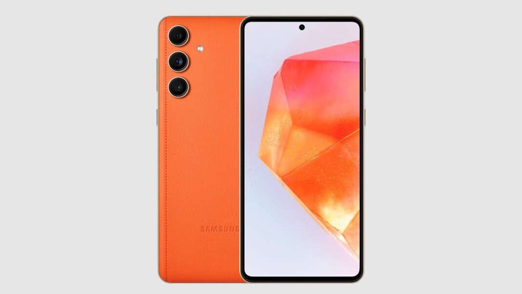 Orange smartphone with triple cameras