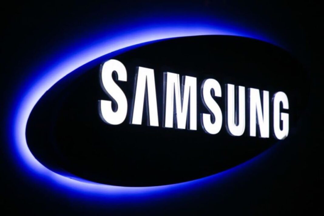 Illuminated Samsung logo with blue glow