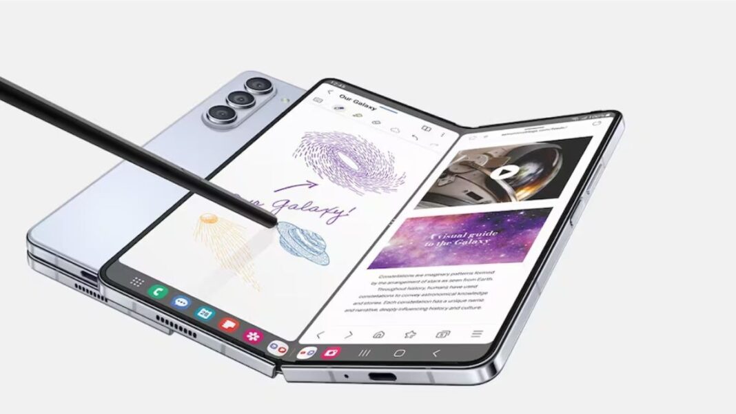 Foldable smartphone with stylus and cosmic display design.