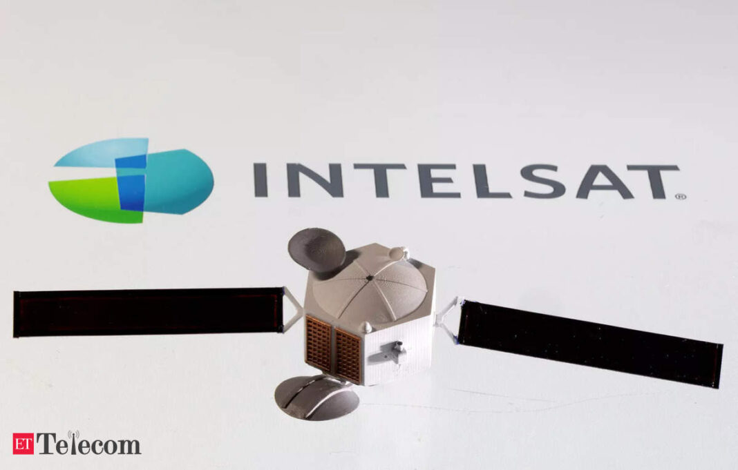Intelsat logo with model satellite on white background.