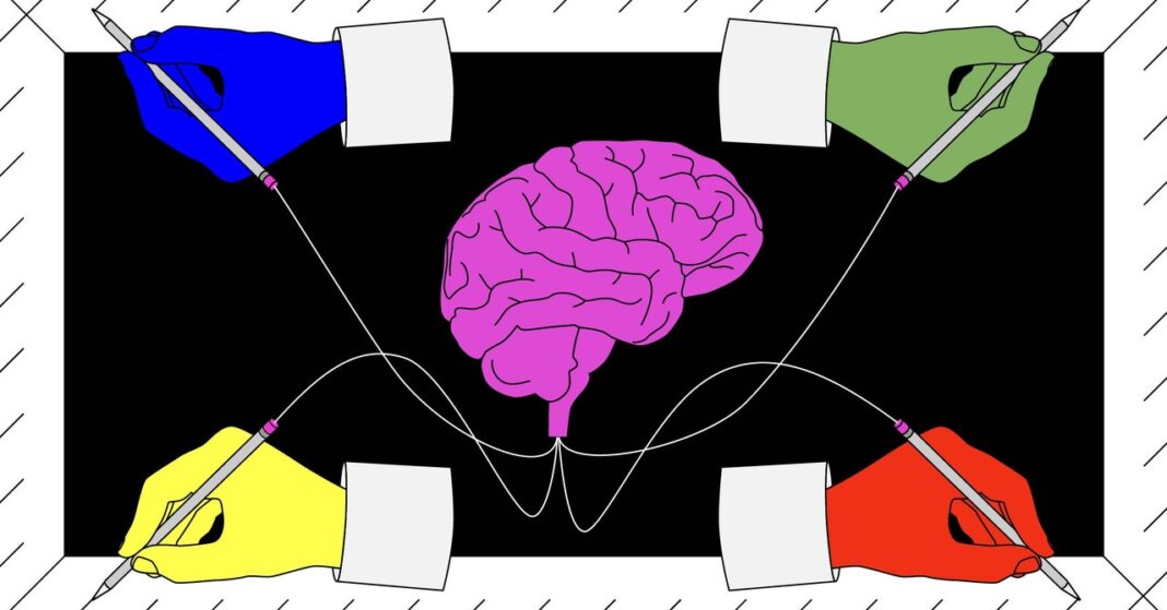 Illustration of a brain connected to four colored hands drawing.