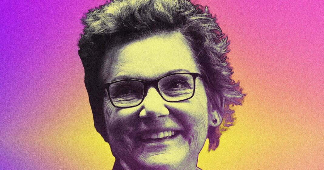 Smiling person with glasses, colorful halftone background.