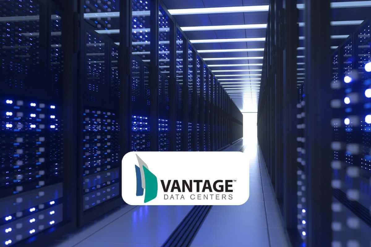 Modern data center server room with Vantage logo.