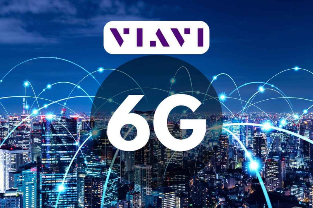 6G technology network concept over illuminated cityscape