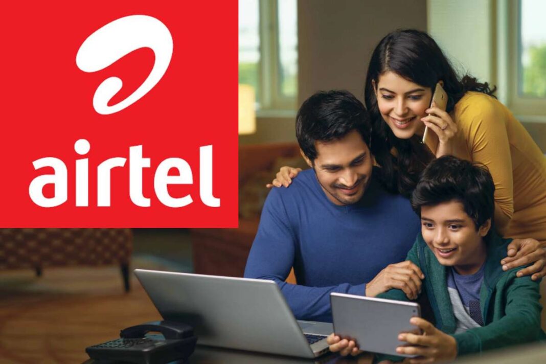 Family enjoying screen time with Airtel logo visible.