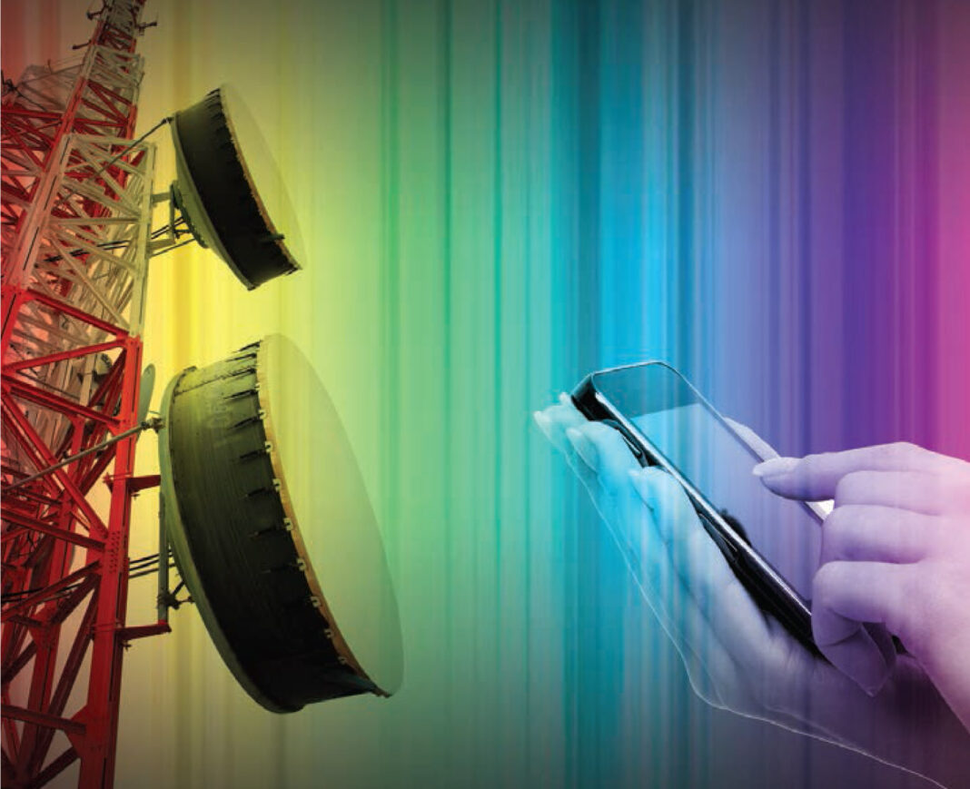 Satellite dishes and smartphone with color gradient background.