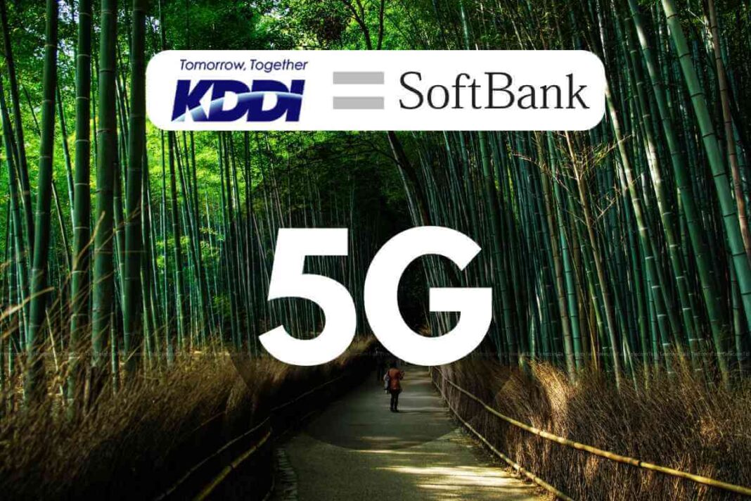 5G advertisement with bamboo forest and walking person.