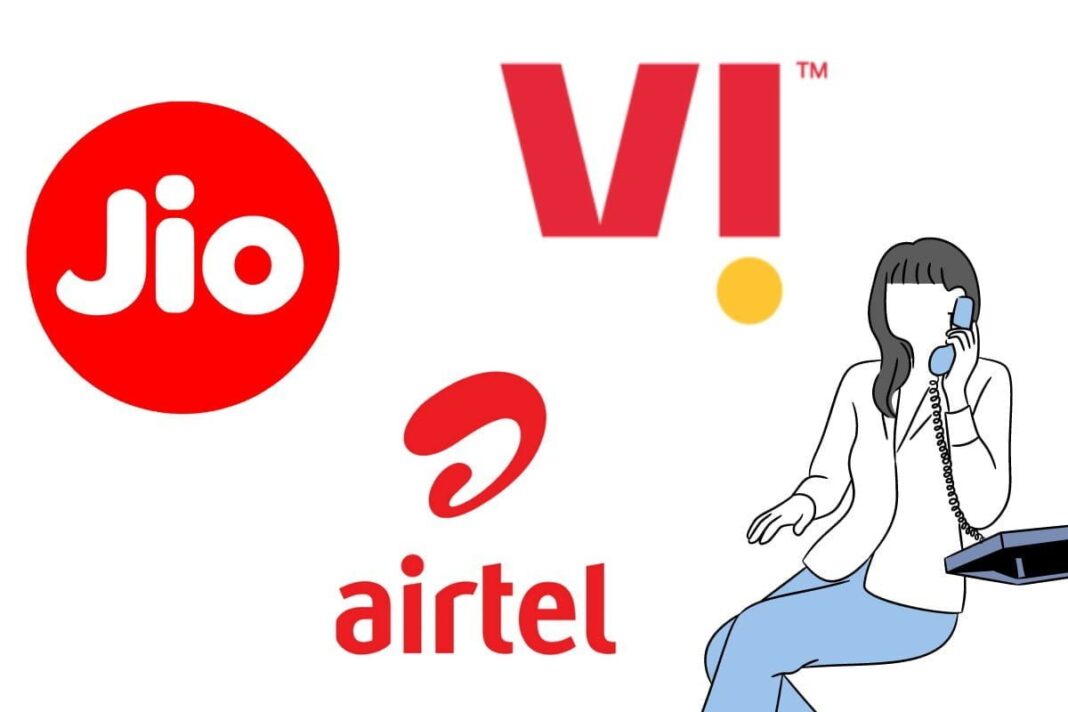 Indian telecom logos and person on phone call.