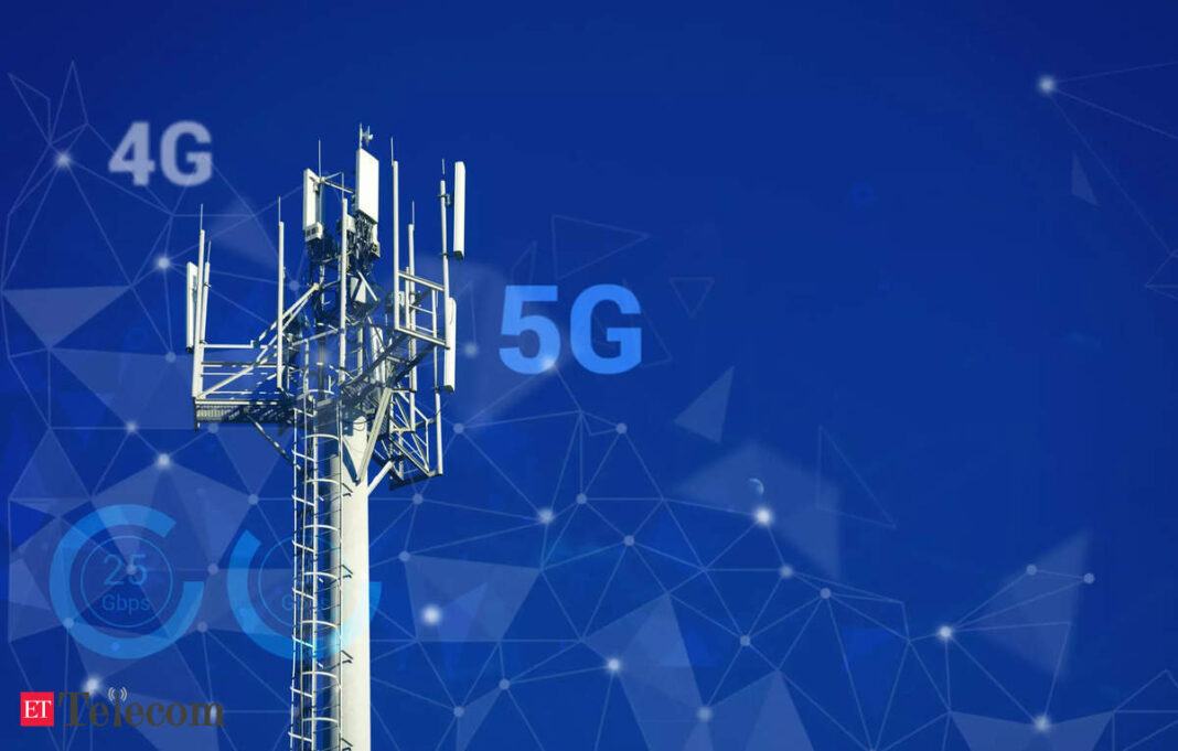 Cell tower with 4G and 5G technology banners.