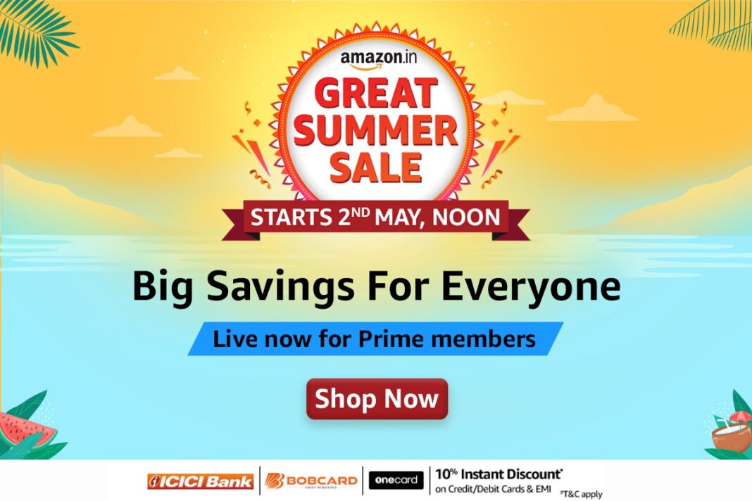 Amazon Great Summer Sale advertisement with tropical background.
