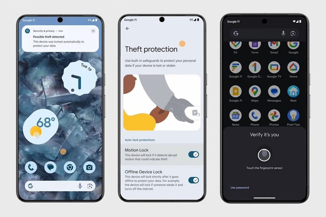 Three smartphones displaying theft protection features.