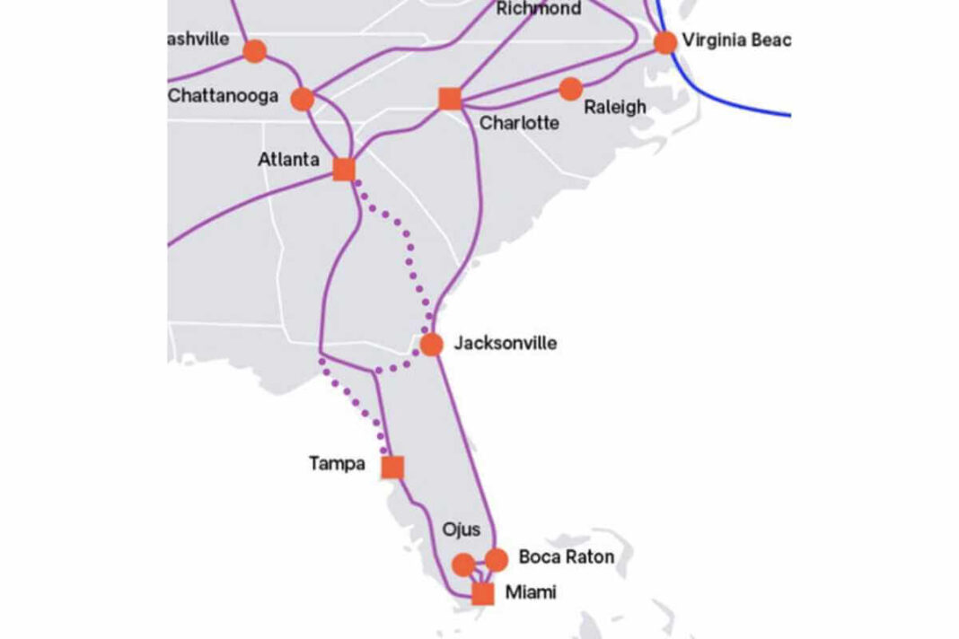 Map showing southeastern US cities and transportation routes.