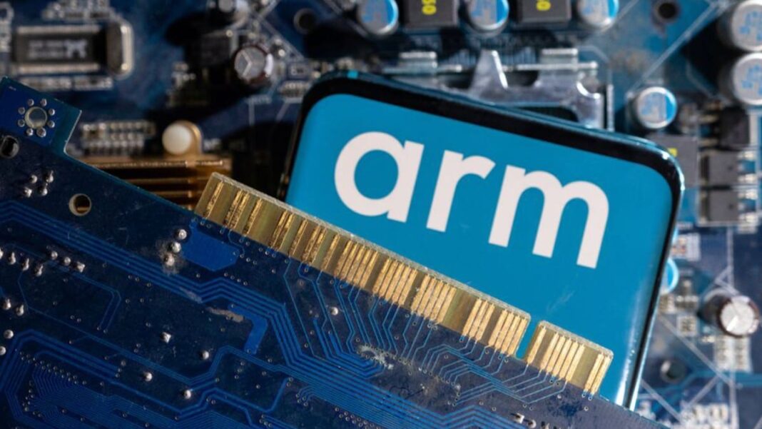 ARM logo on computer motherboard.