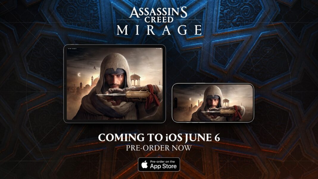 Assassin's Creed Mirage game coming to iOS, pre-order ad.