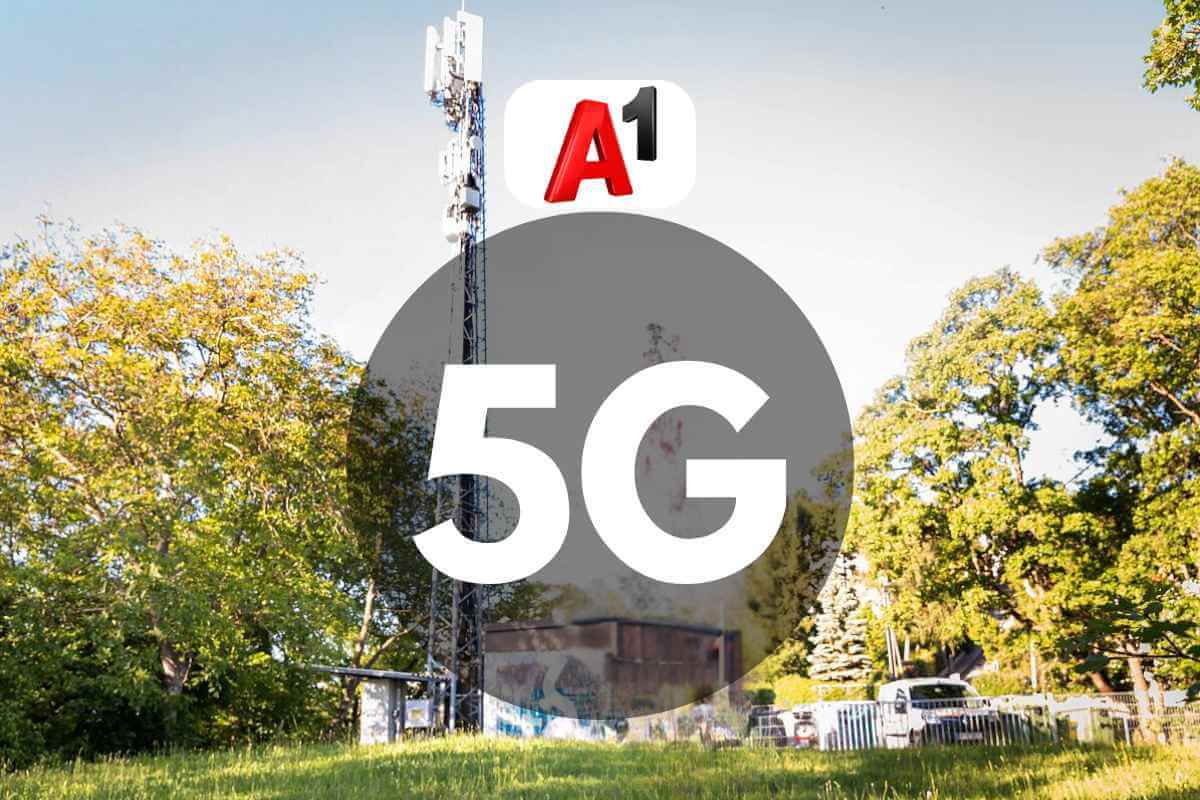 5G network signal tower with nature backdrop