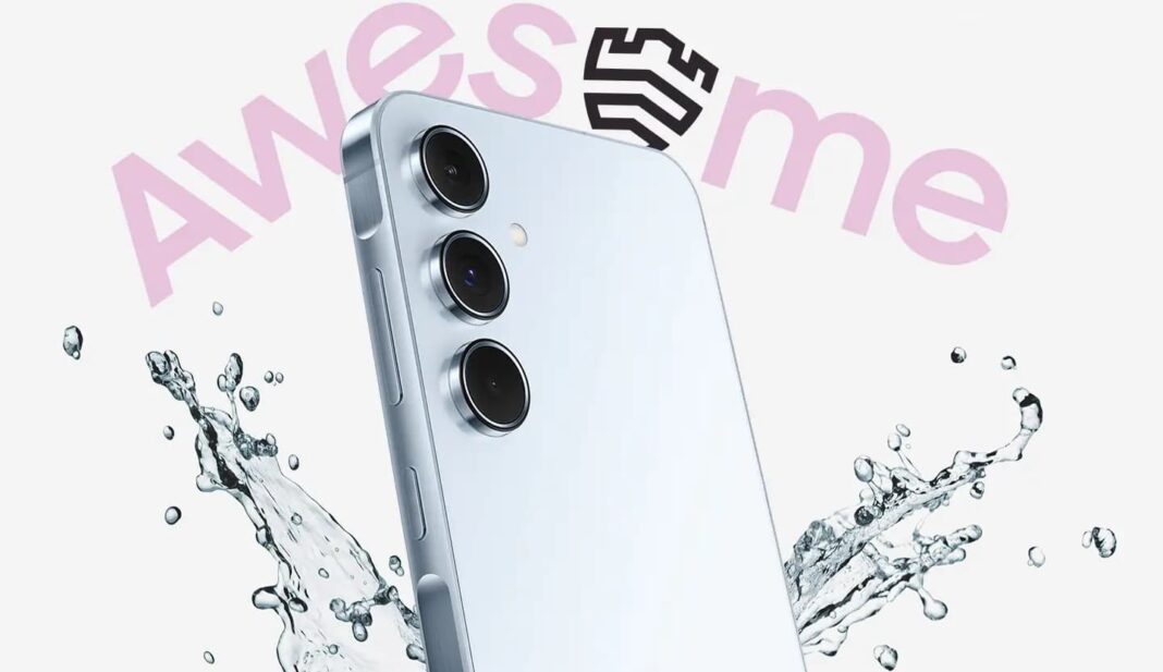 Smartphone with triple cameras splashed by water