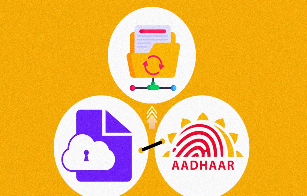 Illustration of technology icons including cloud security and Aadhaar.
