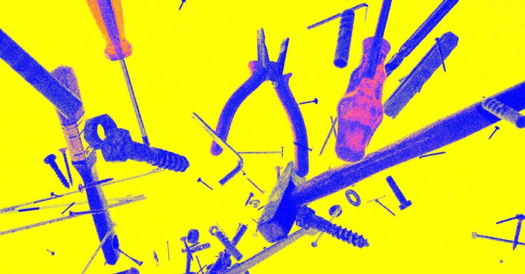Assorted hand tools scattered on a bright yellow background.