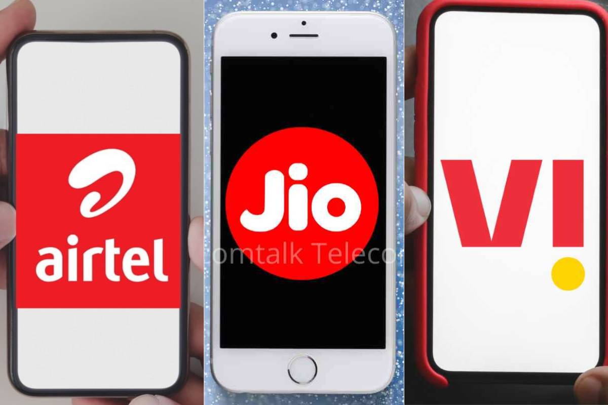 Three smartphones displaying Airtel, Jio, Vi logos.
