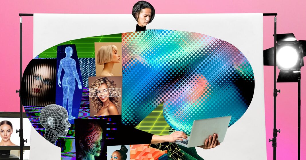 Collage of digital and human images with colorful graphics.