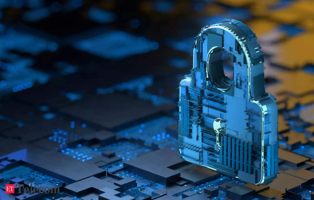 3D digital lock on circuit board, cybersecurity concept.