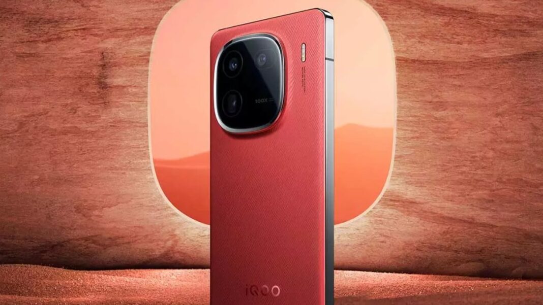 Red smartphone with triple camera on Mars-like background.