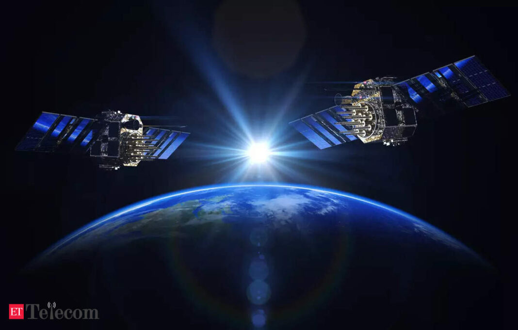 Two satellites orbiting Earth with sun in background.
