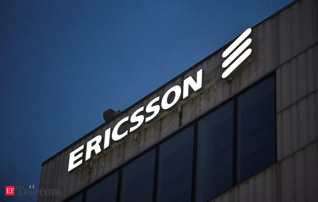 Ericsson logo on building exterior at dusk.