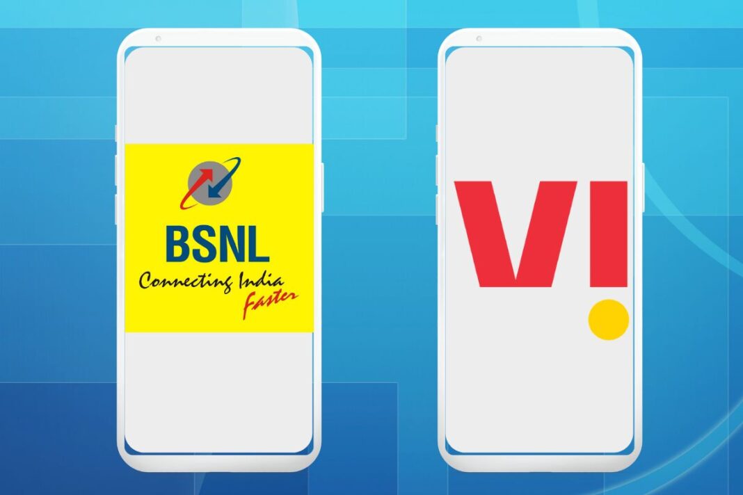 Mobile screens displaying BSNL and VI logos