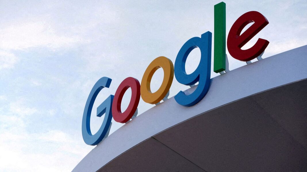Colorful Google logo on building facade.