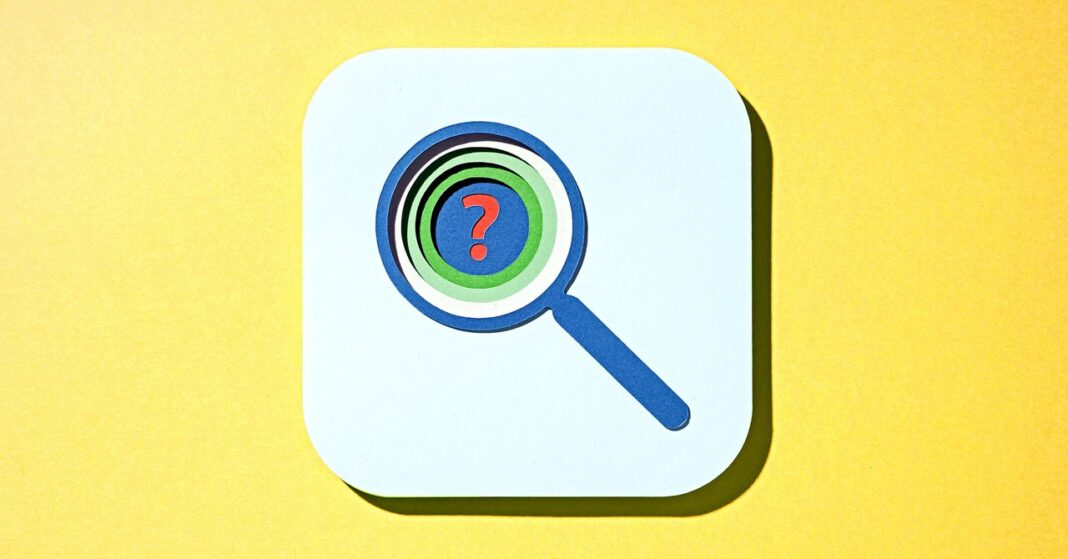 Magnifying glass with colorful question mark icon.