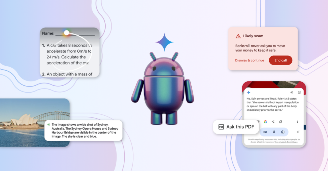 Illustration of Android mascot with educational and technology icons.