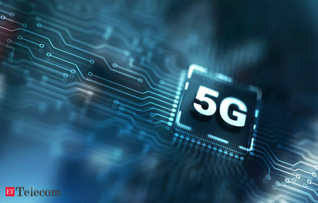 5G technology concept on circuit board background.