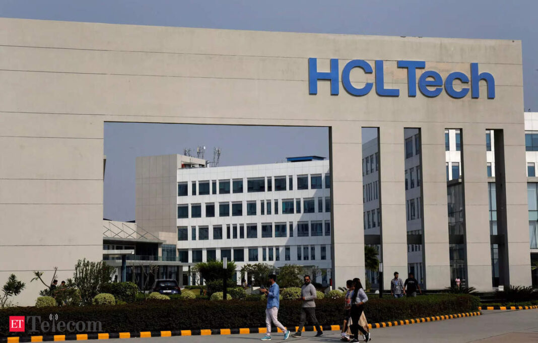 HCL Technologies office building exterior with pedestrians.