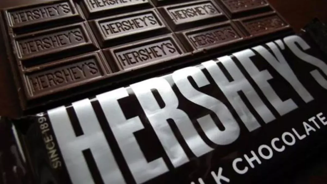 Hershey's chocolate bar with embossed logo.